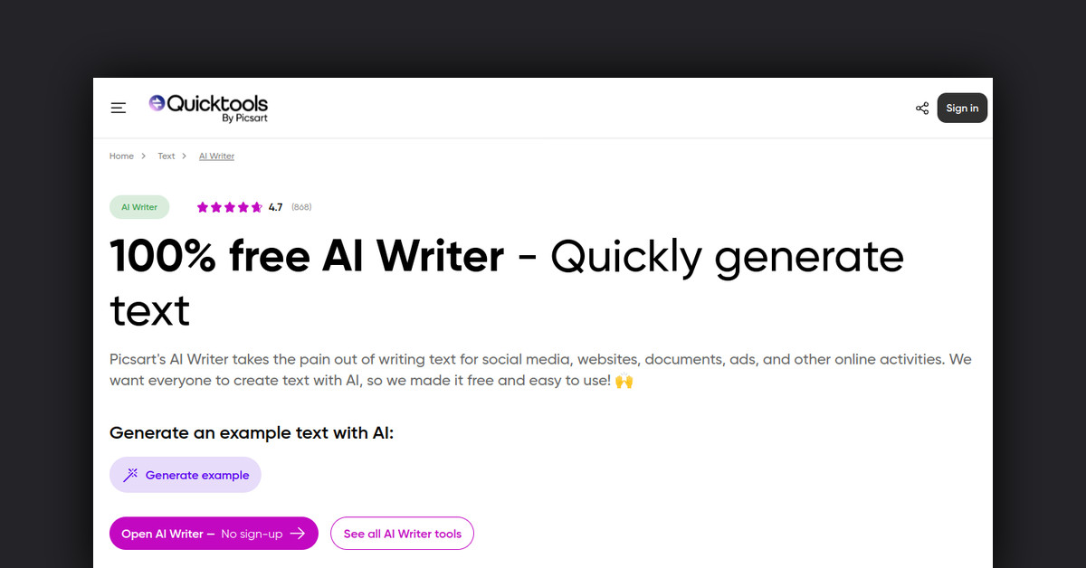 AI Writer by Picsart Showcase