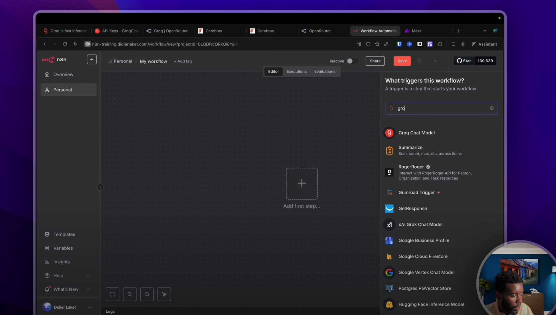 Capture d'écran d'un workflow N8N, montrant la recherche du nœud "Groq chat model" et son ajout au canvas.
