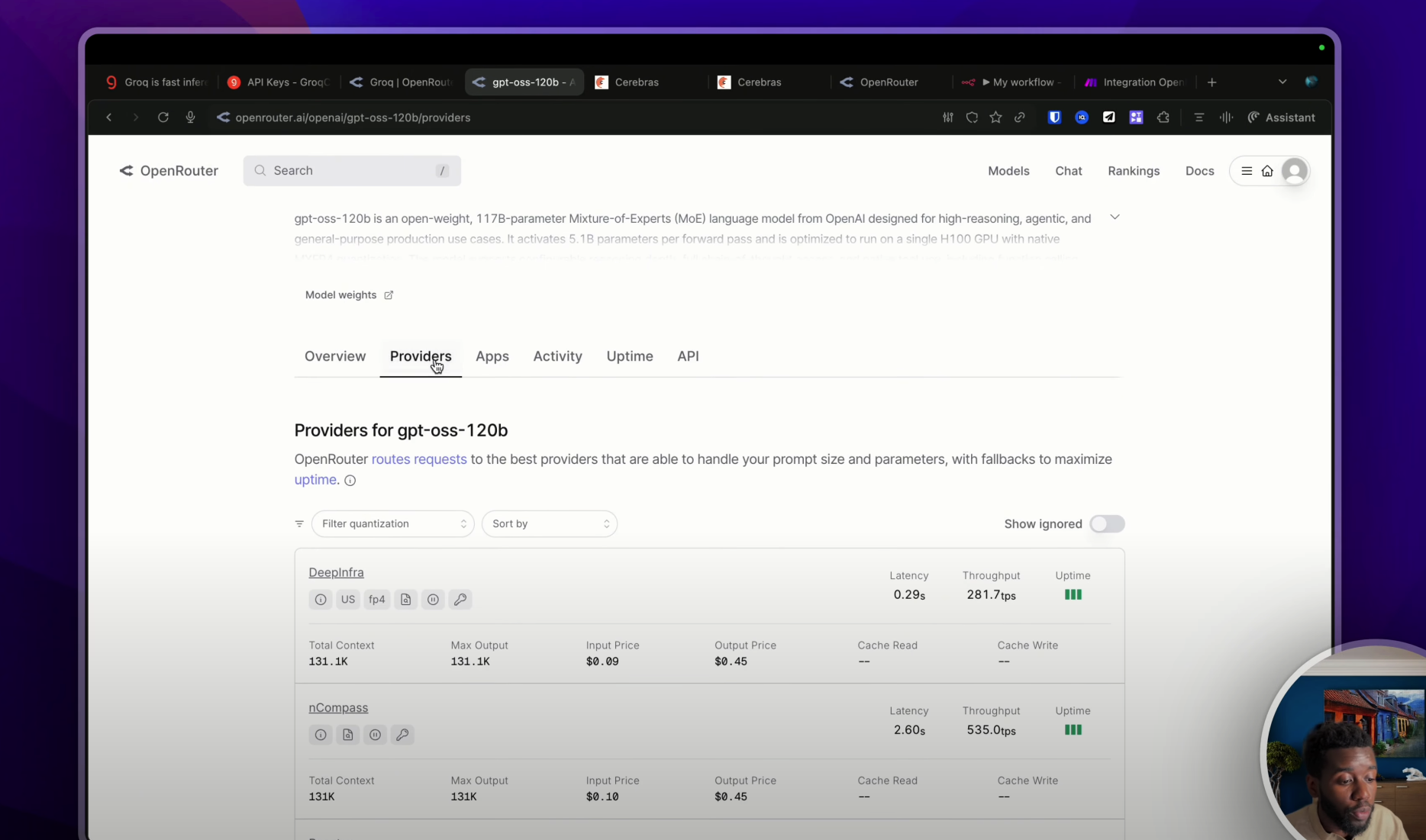 Capture d'écran de Open Router, montrant la page du modèle GPT OSS avec la liste des différents fournisseurs qui l'hébergent.
YouTube : https://youtu.be/O9FmXfo-qTw?t=701