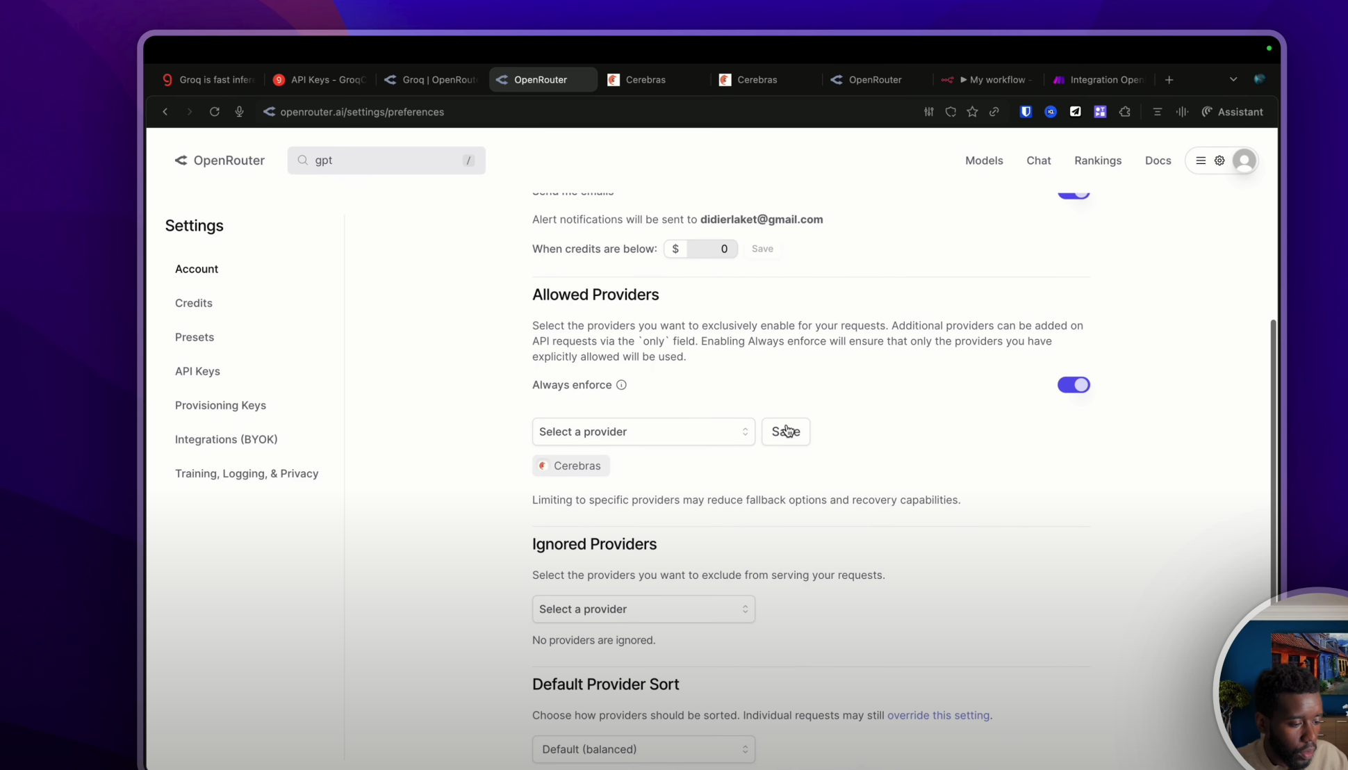 Capture d'écran de la page de paramètres d'Open Router, montrant le champ "Allowed Providers" avec "cerebras" saisi.
YouTube : https://youtu.be/O9FmXfo-qTw?t=815