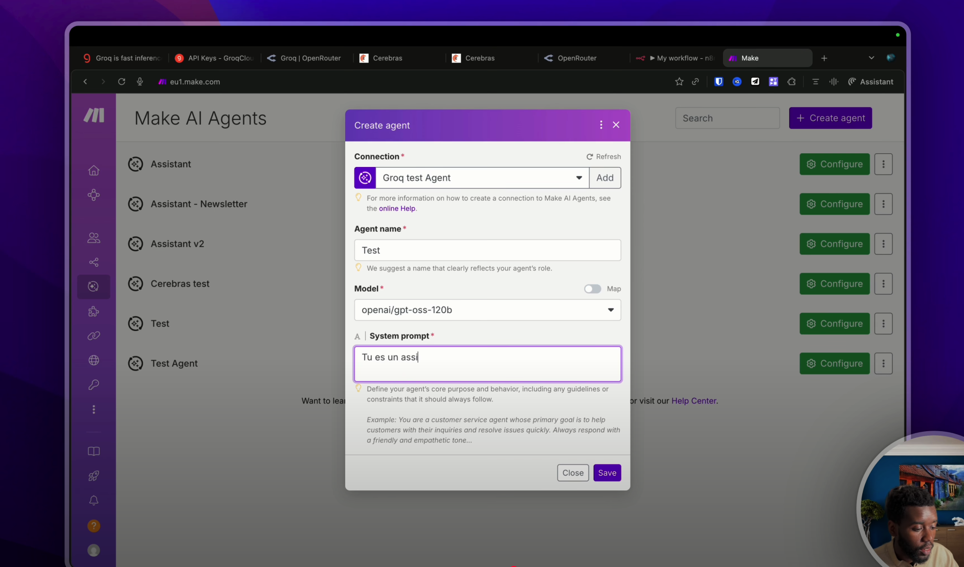 Capture d'écran de Make, montrant la configuration d'un agent IA Groq, avec le nom de l'agent, le system prompt et un exemple de conversation.
YouTube : https://youtu.be/O9FmXfo-qTw?t=625