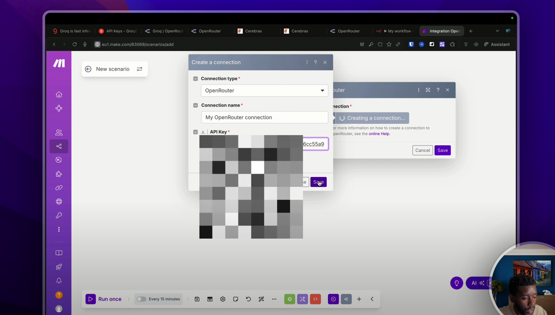 Capture d'écran de Make, montrant la configuration du module Open Router avec une connexion "Open Router Classic" et la clé API collée.
YouTube : https://youtu.be/O9FmXfo-qTw?t=979