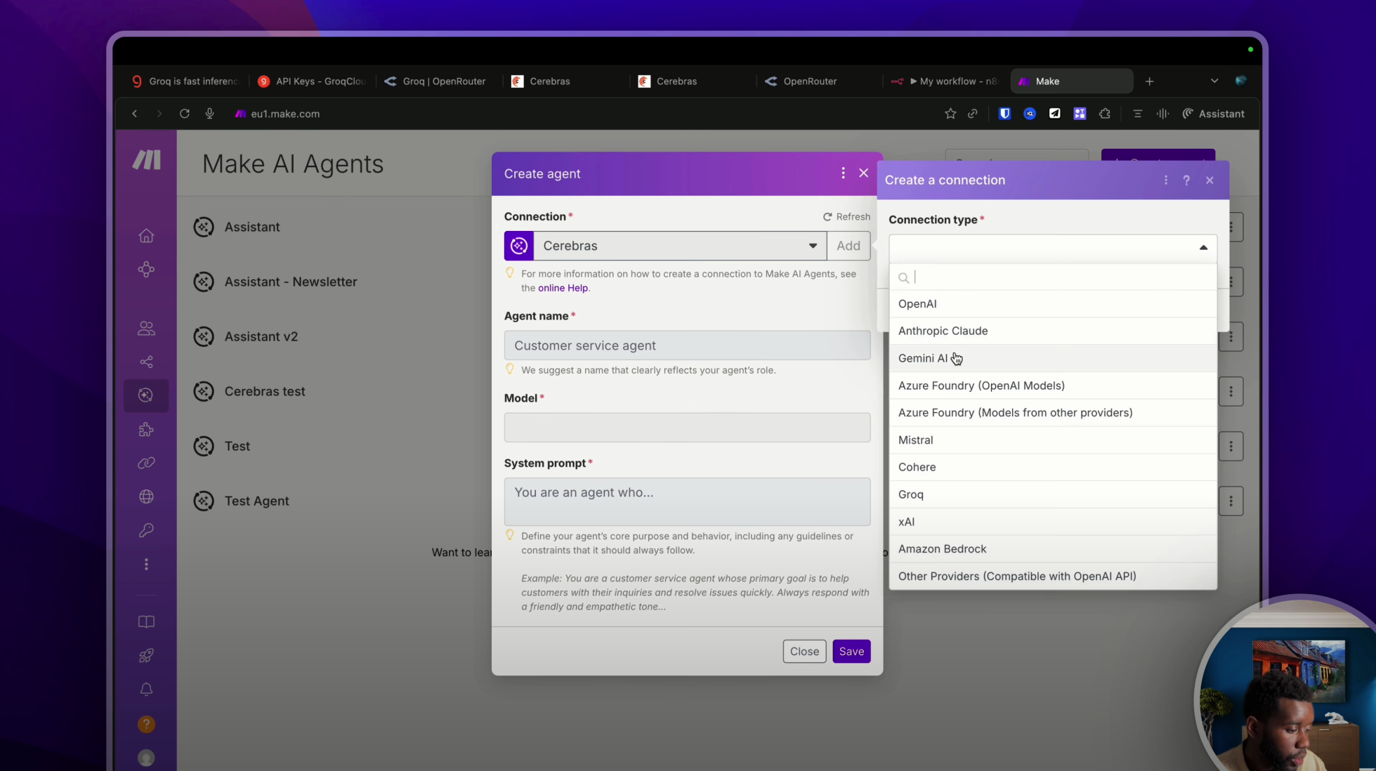 Capture d'écran de Make, montrant la liste des connexions pour un agent IA, avec Groq disponible.
YouTube : https://youtu.be/O9FmXfo-qTw?t=609