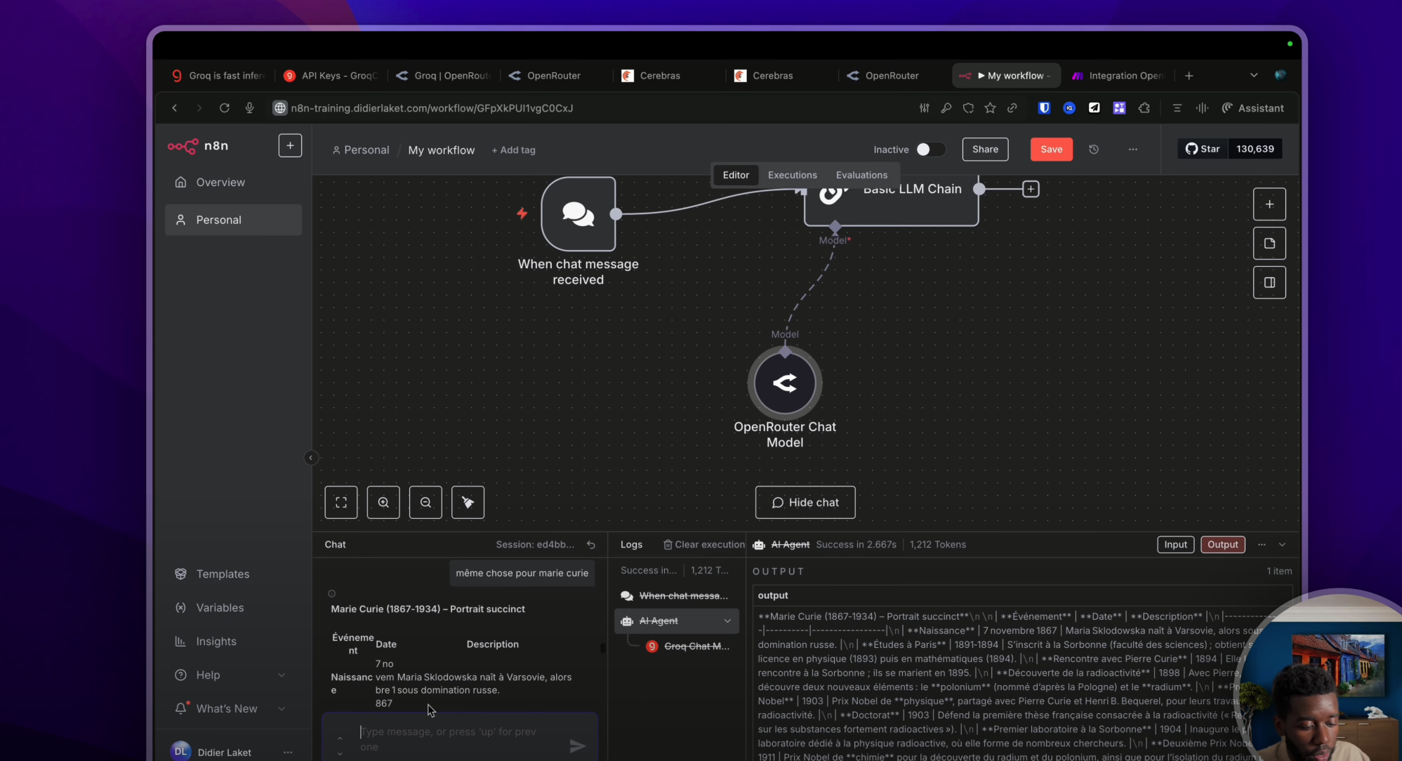 Capture d'écran d'un workflow N8N, montrant l'ajout du nœud "Open Router Chat Model" et la configuration pour utiliser GPT OSS.
YouTube : https://youtu.be/O9FmXfo-qTw?t=780