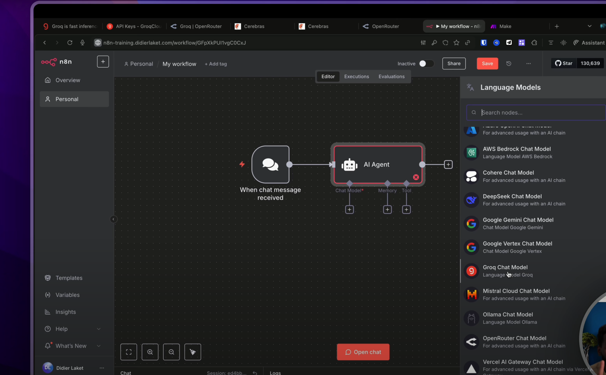 Capture d'écran de N8N, montrant le nœud "Agent IA" avec l'option de choisir un modèle de chat pour utiliser Groq.
