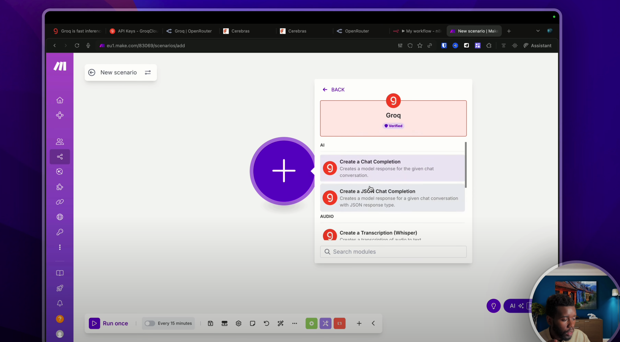 Capture d'écran de Make, montrant la connexion Groq créée avec la clé API et la sélection du modèle pour l'action "Chat Completion".

